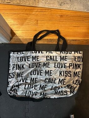 PINK Victoria's Secret Silver and Black 'Love Me' Graphic Tote